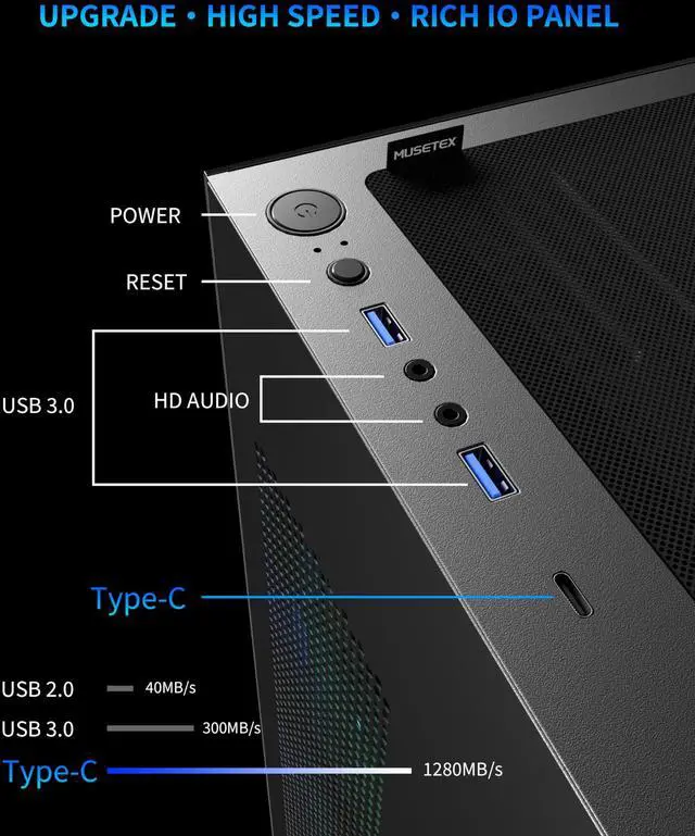 Alt view image 5 of 5 - MUSETEX ATX PC Case 7 PWM ARGB Fans Pre-Installed, Type-C Mid Tower Computer Case with Full-View Dual Tempered Glass, Gaming PC Case, Black(K2)