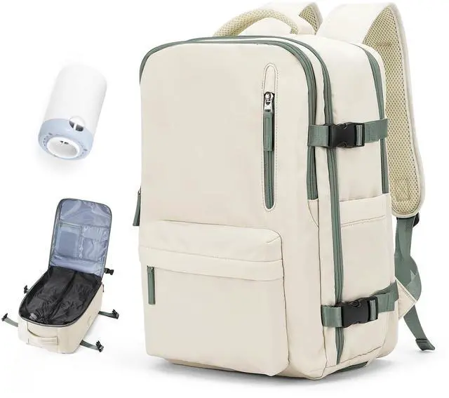 Main image of Vacuum Travel Backpack with Pump for Women, Personal Item Carry on Backpacks Flight Approved 18x14x8 inches for Men,Laptop Waterproof Work Compression bags Casual Daypack BeigeGreen