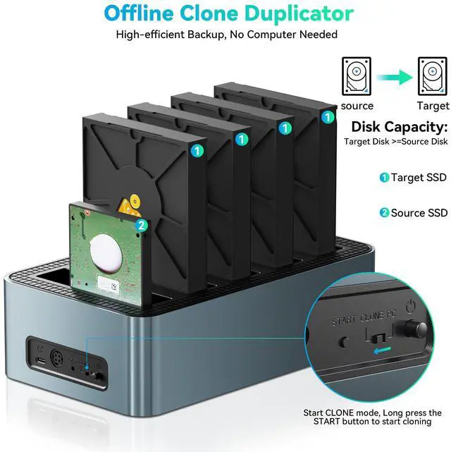 Alt view image 4 of 5 - Yottamaster 5 Bay Hard Drive Docking Station Aluminum for 2.5''/3.5'' SATA SSD/HDD, USB 3.2 Gen1 Hard Drive Cloner Duplicator, Supports UASP and Up to 90TB (5x18TB) for 1-to-4 Offline Cloning (KB500)