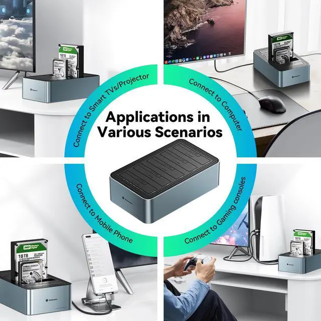 Alt view image 3 of 5 - Yottamaster 5 Bay Hard Drive Docking Station Aluminum for 2.5''/3.5'' SATA SSD/HDD, USB 3.2 Gen1 Hard Drive Cloner Duplicator, Supports UASP and Up to 90TB (5x18TB) for 1-to-4 Offline Cloning (KB500)