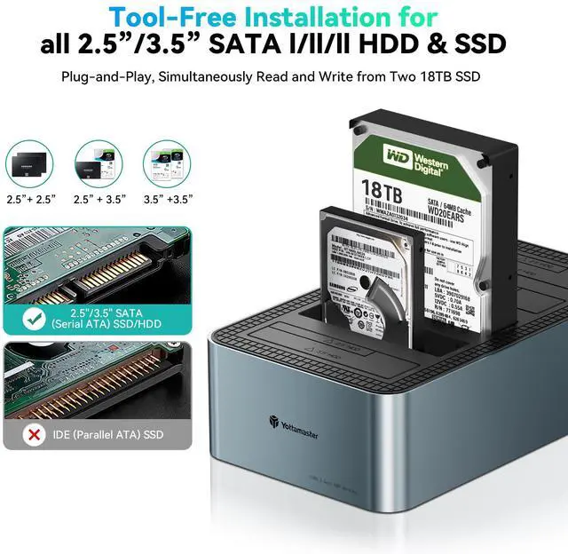 Alt view image 5 of 5 - Yottamaster 5 Bay Hard Drive Docking Station Aluminum for 2.5''/3.5'' SATA SSD/HDD, USB 3.2 Gen1 Hard Drive Cloner Duplicator, Supports UASP and Up to 90TB (5x18TB) for 1-to-4 Offline Cloning (KB500)