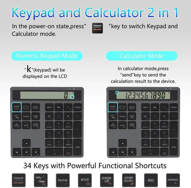 Alt view image 2 of 5 - Wireless Numeric Keypad for Laptop, Rechargeable 34 Keys Bluetooth Number Pad with Dual Bluetooth, 2 in 1 Numeric Keypad Calculator with Display - Portable Slim Numpad for Windows, Mac, PC, Tablet