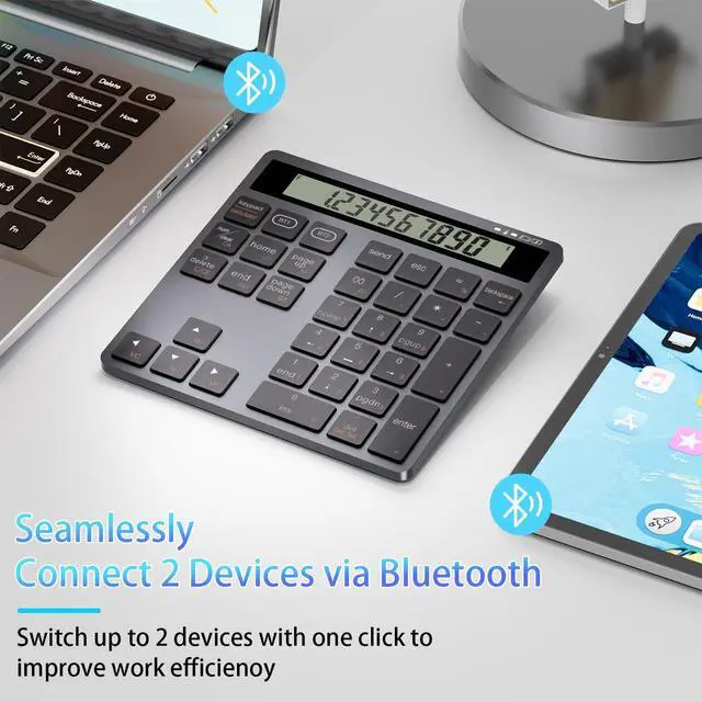 Alt view image 3 of 5 - Wireless Numeric Keypad for Laptop, Rechargeable 34 Keys Bluetooth Number Pad with Dual Bluetooth, 2 in 1 Numeric Keypad Calculator with Display - Portable Slim Numpad for Windows, Mac, PC, Tablet