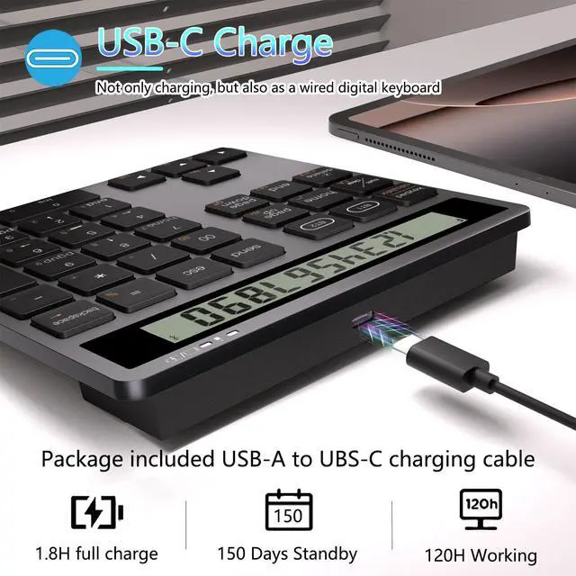 Alt view image 4 of 5 - Wireless Numeric Keypad for Laptop, Rechargeable 34 Keys Bluetooth Number Pad with Dual Bluetooth, 2 in 1 Numeric Keypad Calculator with Display - Portable Slim Numpad for Windows, Mac, PC, Tablet