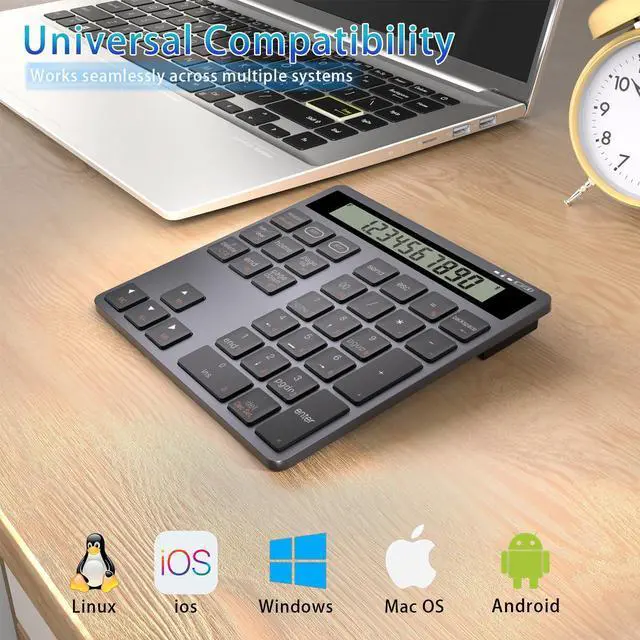 Alt view image 5 of 5 - Wireless Numeric Keypad for Laptop, Rechargeable 34 Keys Bluetooth Number Pad with Dual Bluetooth, 2 in 1 Numeric Keypad Calculator with Display - Portable Slim Numpad for Windows, Mac, PC, Tablet