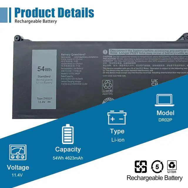 Alt view image 2 of 5 - VANPIR DR02P Laptop Battery Replacement for Dell Latitude 5350 5440 5450 5540 5550 7455 3340 3440 3450 3540 3550 5340 Precision 3480 3490 3580 3590 Series RXF9T 02X1V9 WYJ45 2X1V9 803W6 11.4V 54Wh