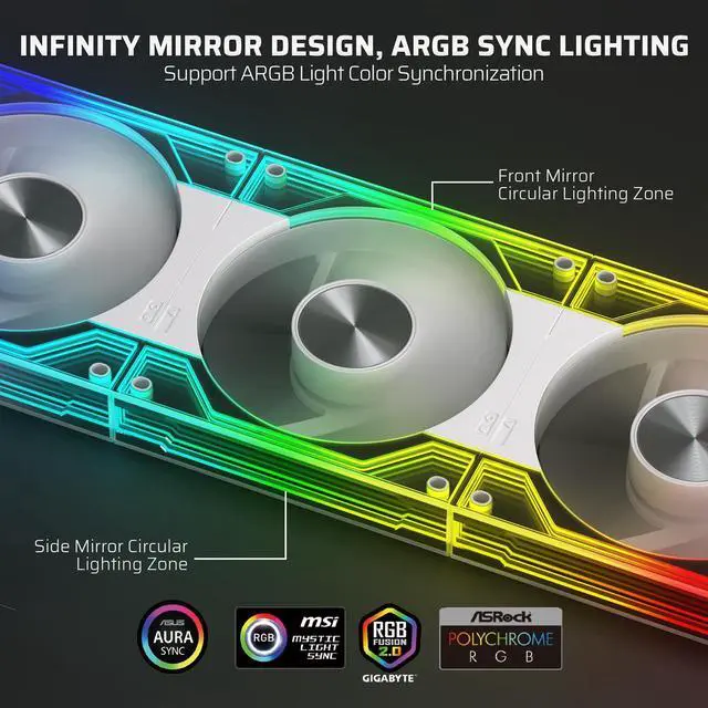 Alt view image 4 of 5 - LTC CF-123D 120mm PC Case Fan, Daisy-Chain Connection, Reversible Airflow 2000RPM Max, Infinity Mirror ARGB Lighting, HDB Bearing PWM Computer Case Cooling Fan, Motherboard SYNC, 3 Pack, White