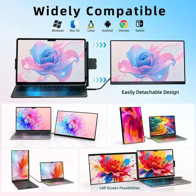 Alt view image 4 of 4 - BKVOO Laptop Screen Extender Dual Monitor - 15.6" Portable Monitor Detachable IPS 1080P FHD 85% NTSC Travel Screen USB-C HDMI Port Compatible with Wins Mac Chrome Dex Fits 13-17" Laptops