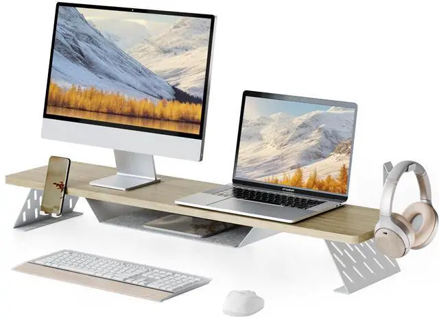 Main image of Fenge Dual Monitor Stand, 42.5 Inch Monitor Riser for Desk, Wood Desk Shelf for 2 Monitors, 2 Tier Monitor Shelf with Headphone Stand & Phone Holder