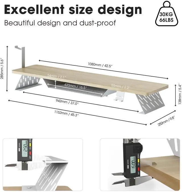Alt view image 2 of 5 - Fenge Dual Monitor Stand, 42.5 Inch Monitor Riser for Desk, Wood Desk Shelf for 2 Monitors, 2 Tier Monitor Shelf with Headphone Stand & Phone Holder