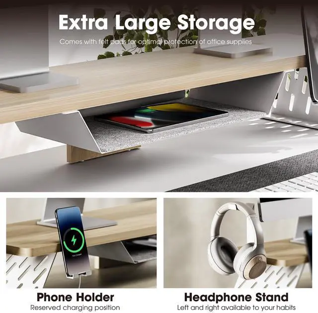 Alt view image 4 of 5 - Fenge Dual Monitor Stand, 42.5 Inch Monitor Riser for Desk, Wood Desk Shelf for 2 Monitors, 2 Tier Monitor Shelf with Headphone Stand & Phone Holder