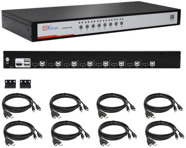 Main image of 8 Port HDMI USB KVM Switch, Heavy-Duty 1U Metal Rack Mount, 1080p@60Hz, Auto Scan, Broadcast Mode, Button/Hotkey/Mouse Switching,Hot-Plug, w/USB HDMI KVM Cables, Compatible with Windows,Sun,Unix,Linux