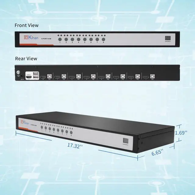 Alt view image 3 of 5 - 8 Port HDMI USB KVM Switch, Heavy-Duty 1U Metal Rack Mount, 1080p@60Hz, Auto Scan, Broadcast Mode, Button/Hotkey/Mouse Switching,Hot-Plug, w/USB HDMI KVM Cables, Compatible with Windows,Sun,Unix,Linux