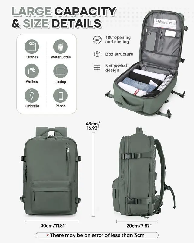 Alt view image 4 of 5 - VECAVE Travel Backpack,Carry On Backpack for Women,Airline Flight Approved Waterproof 14 Inch Laptop Backpack with Shoe Compartment Casual Daypack Backpacks DarkGreen.