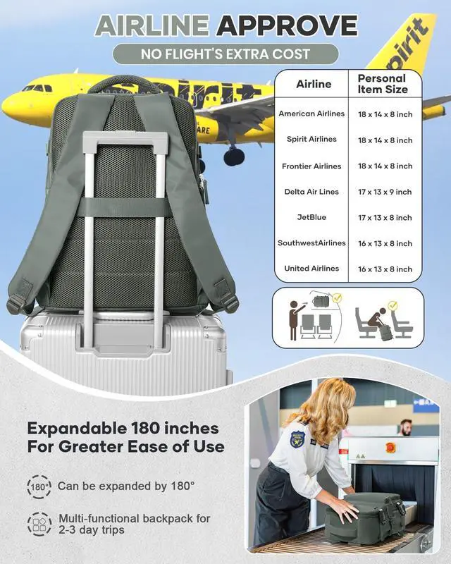 Alt view image 3 of 5 - VECAVE Travel Backpack,Carry On Backpack for Women,Airline Flight Approved Waterproof 14 Inch Laptop Backpack with Shoe Compartment Casual Daypack Backpacks DarkGreen.