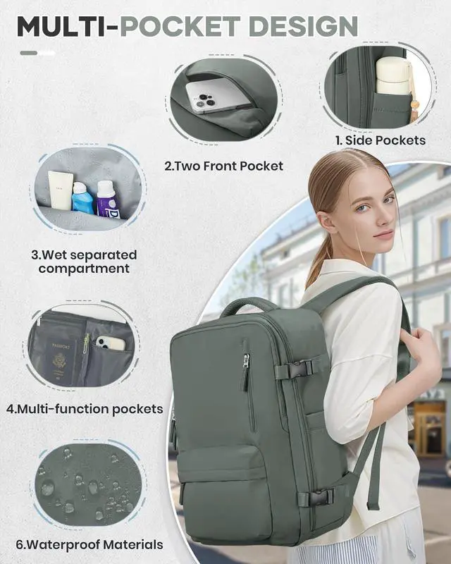 Alt view image 5 of 5 - VECAVE Travel Backpack,Carry On Backpack for Women,Airline Flight Approved Waterproof 14 Inch Laptop Backpack with Shoe Compartment Casual Daypack Backpacks DarkGreen.