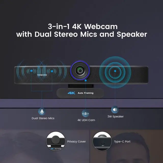 Alt view image 3 of 5 - 3-in-1 4K Webcam with Microphones and Speaker, AI Auto-Tracking 5X Digital Zoom Webcam 4K Adjustable Field of View Remote Control Works with Microsoft Teams, Zoom, Google Meet, PC Mac Laptop