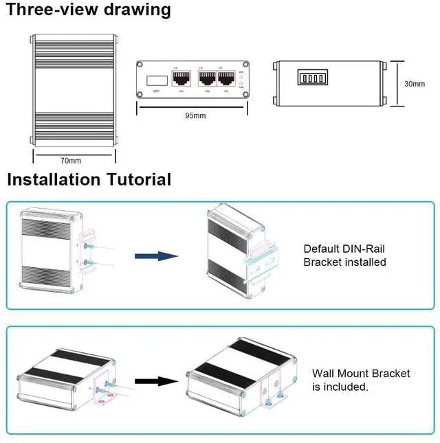 Alt view image 4 of 5 - Mini Throncom 4 Ports Gigabit Industrial Fiber Ethernet Solar Switch Hardened 10/100/1000Mbps with 100/1000M Adaptive SFP Slot Din Rail/Wall Mount Solar Power/VoIP/RV Truck 12-48VDC LNK-IMC103G-SFP