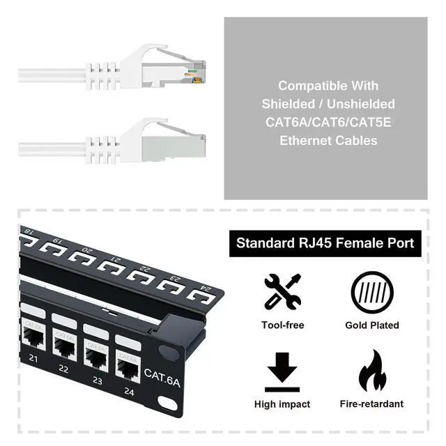 Alt view image 4 of 5 - iwillink 10Gbps Patch Panel 24 Port, Shielded RJ45 Through Cat6A Patch Panel, STP 19-Inch 1U Patch Panels with Inline Keystone and Removable Back Bar