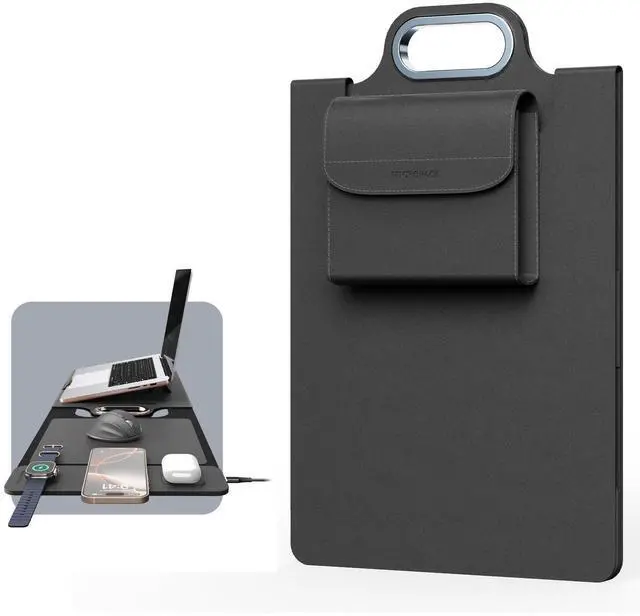 Main image of MicroPack Laptop Sleeve with Wireless Charging, Built-in Detachable Accessory Organizer and Metal Handle, Mouse Pad and Stand, Leather Laptop Bag for 15 Inch MacBook/HP/Dell, Watch, Headphones - Black