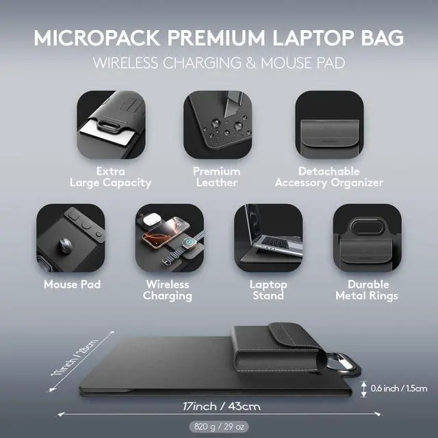 Alt view image 2 of 5 - MicroPack Laptop Sleeve with Wireless Charging, Built-in Detachable Accessory Organizer and Metal Handle, Mouse Pad and Stand, Leather Laptop Bag for 15 Inch MacBook/HP/Dell, Watch, Headphones - Black