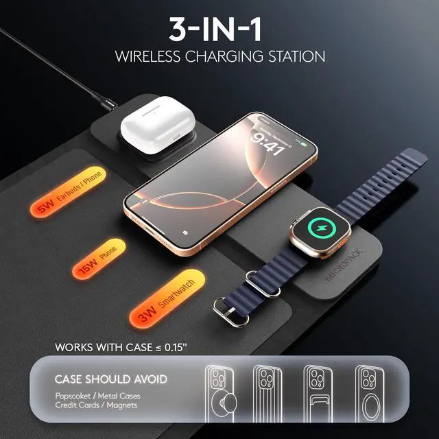 Alt view image 4 of 5 - MicroPack Laptop Sleeve with Wireless Charging, Built-in Detachable Accessory Organizer and Metal Handle, Mouse Pad and Stand, Leather Laptop Bag for 15 Inch MacBook/HP/Dell, Watch, Headphones - Black