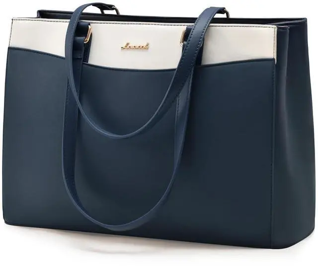 Main image of LOVEVOOK Laptop Tote Bag for Women, Work Bags Teacher Tote Bag, Waterproof Leather Computer Bag, Business Laptop Purse Office Handbag Professional Briefcase, Blue-beige, 15.6 Inch