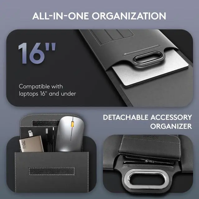 Alt view image 5 of 5 - MicroPack Laptop Sleeve with Wireless Charging, Built-in Detachable Accessory Organizer and Metal Handle, Mouse Pad and Stand, Leather Laptop Bag for 15 Inch MacBook/HP/Dell, Watch, Headphones - Black