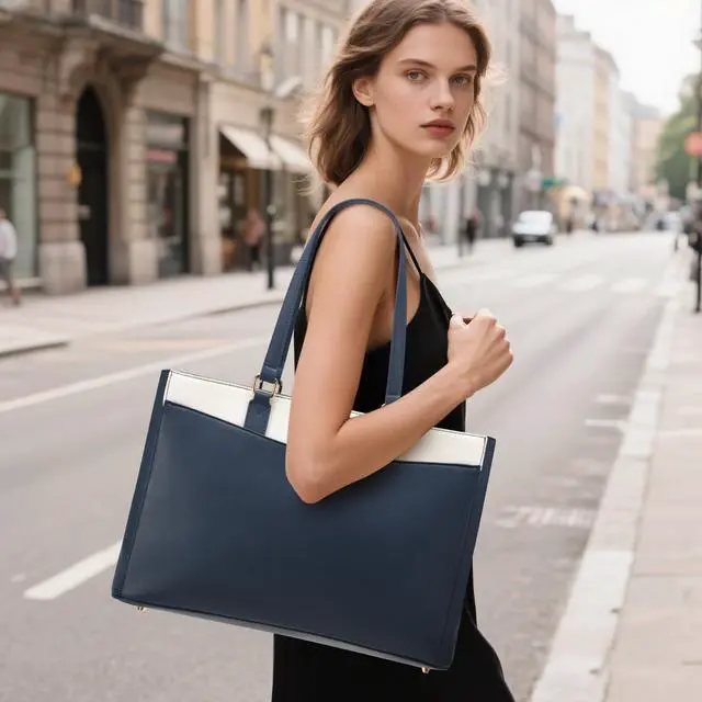 Alt view image 2 of 5 - LOVEVOOK Laptop Tote Bag for Women, Work Bags Teacher Tote Bag, Waterproof Leather Computer Bag, Business Laptop Purse Office Handbag Professional Briefcase, Blue-beige, 15.6 Inch