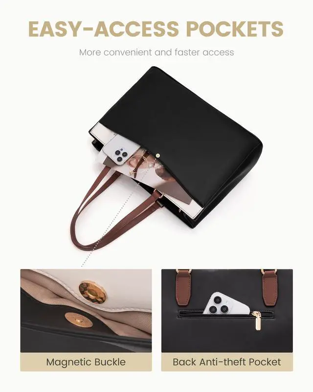 Alt view image 3 of 5 - LOVEVOOK Laptop Tote Bag for Women, Work Bags Teacher Tote Bag, Waterproof Leather Computer Bag, Business Laptop Purse Office Handbag Professional Briefcase, Blue-beige, 15.6 Inch