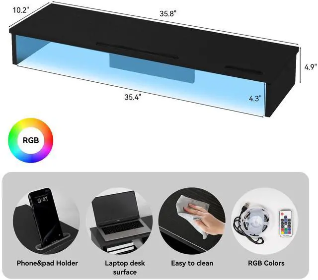 Alt view image 2 of 5 - Qupui Dual Monitor Stand Riser with LED Lights and Phone Tablet Holder, 35.8in Large Monitor Stand for Desk, Computer Monitor Stand for 2 Monitors, Desktop Shelf Organizer for Laptop, Printer, TV