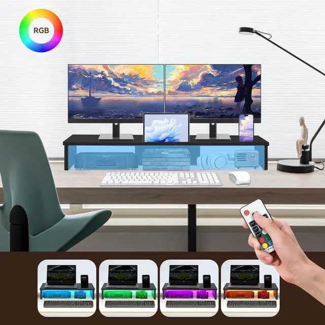 Alt view image 3 of 5 - Qupui Dual Monitor Stand Riser with LED Lights and Phone Tablet Holder, 35.8in Large Monitor Stand for Desk, Computer Monitor Stand for 2 Monitors, Desktop Shelf Organizer for Laptop, Printer, TV