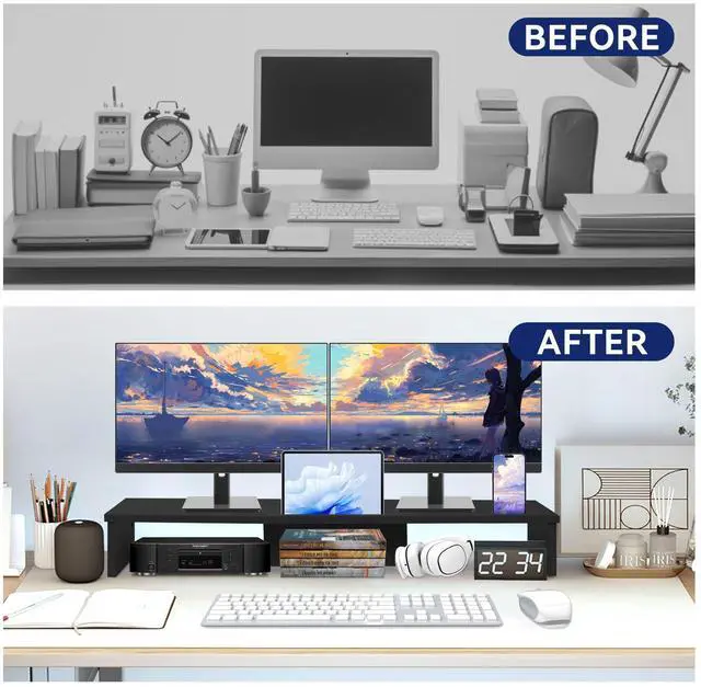 Alt view image 4 of 5 - Qupui Dual Monitor Stand Riser with LED Lights and Phone Tablet Holder, 35.8in Large Monitor Stand for Desk, Computer Monitor Stand for 2 Monitors, Desktop Shelf Organizer for Laptop, Printer, TV