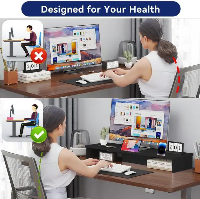 Alt view image 5 of 5 - Qupui Dual Monitor Stand Riser with LED Lights and Phone Tablet Holder, 35.8in Large Monitor Stand for Desk, Computer Monitor Stand for 2 Monitors, Desktop Shelf Organizer for Laptop, Printer, TV