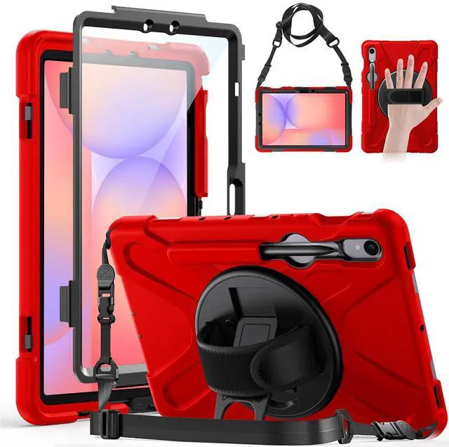 Main image of Gerutek Case for Samsung Galaxy Tab S10 Lite/S10 FE/S9 FE/Tab S9/S8 /S7 5G 10.9"/11", Full-Body Drop Protective Case with Screen Protector, Pencil Holder, 360° Rotating Handle Stand Strap, Red