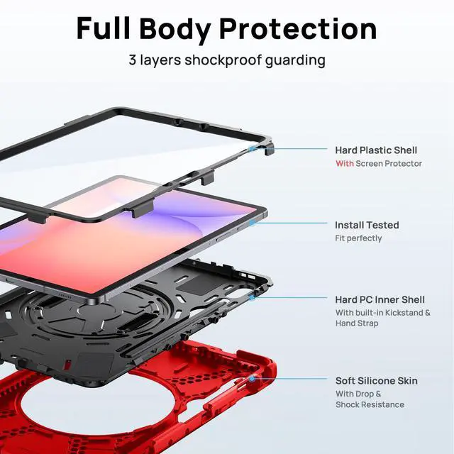 Alt view image 3 of 5 - Gerutek Case for Samsung Galaxy Tab S10 Lite/S10 FE/S9 FE/Tab S9/S8 /S7 5G 10.9"/11", Full-Body Drop Protective Case with Screen Protector, Pencil Holder, 360° Rotating Handle Stand Strap, Red