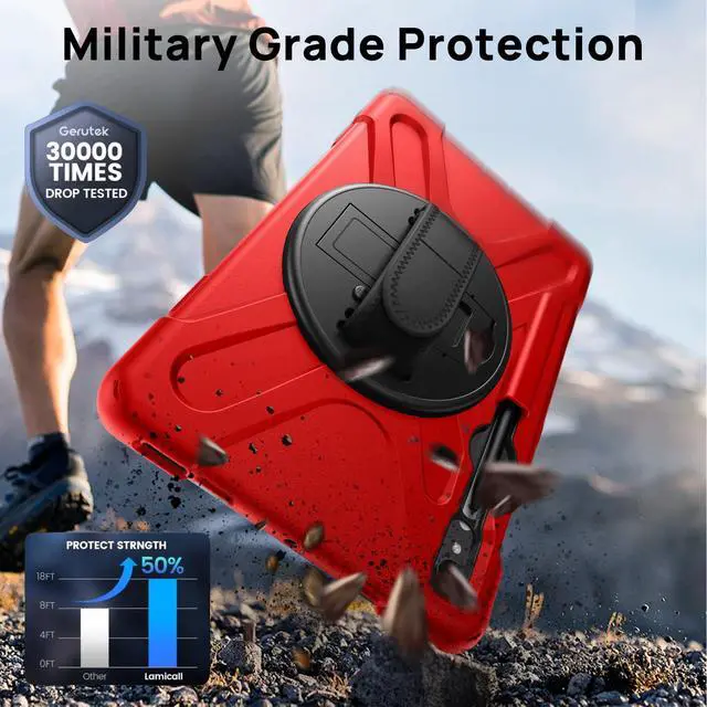 Alt view image 4 of 5 - Gerutek Case for Samsung Galaxy Tab S10 Lite/S10 FE/S9 FE/Tab S9/S8 /S7 5G 10.9"/11", Full-Body Drop Protective Case with Screen Protector, Pencil Holder, 360° Rotating Handle Stand Strap, Red