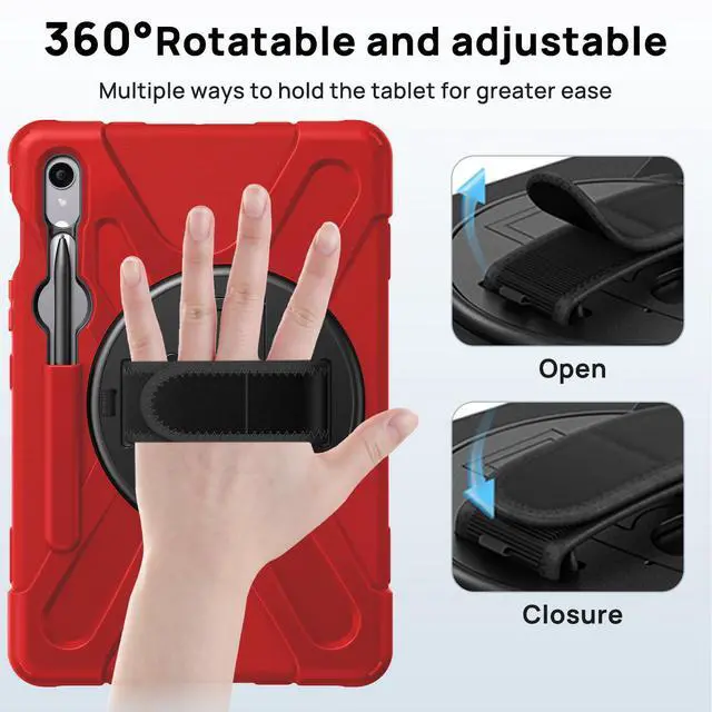 Alt view image 5 of 5 - Gerutek Case for Samsung Galaxy Tab S10 Lite/S10 FE/S9 FE/Tab S9/S8 /S7 5G 10.9"/11", Full-Body Drop Protective Case with Screen Protector, Pencil Holder, 360° Rotating Handle Stand Strap, Red