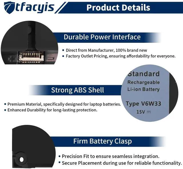 Alt view image 3 of 5 - Ttfacyis 54Wh V6W33 Battery Replacement for Dell Inspiron 15 3511 3520 3515 3510 5510 5515 5518 5310 5635 5625 5630 Latitude 3320 3330 3420 3520 Vostro 3515 3525 Series TN70C 15V