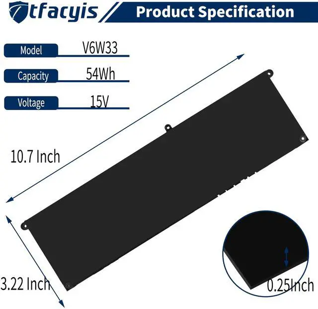 Alt view image 2 of 5 - Ttfacyis 54Wh V6W33 Battery Replacement for Dell Inspiron 15 3511 3520 3515 3510 5510 5515 5518 5310 5635 5625 5630 Latitude 3320 3330 3420 3520 Vostro 3515 3525 Series TN70C 15V
