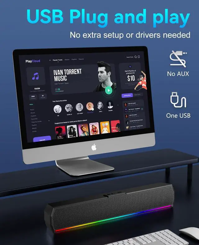 Alt view image 3 of 5 - Kunodi USB Computer Speakers for Desktop Monitor, PC Speakers with Stereo Sound, RGB Light Modes,Plug & Play, USB C Powered for Computer Laptop Monitor Tablet Work