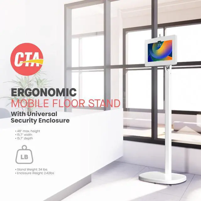 Alt view image 3 of 5 - CTA Digital Healthcare Grade Floor Stand with Quick Release Enclosure & Ergonomic Hospitality Features  Tilting, Mobile, & Secure Tablet Enclosure (PAD-MSADFSL)