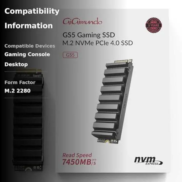 Alt view image 3 of 5 - GiGimundo GS5 1TB TLC PCIe Gen4x4 NVMe SSD for PS5 - Blast Through Load Times with 5000MB/s Speed with Heatsink, Up to 7450MB/s for Desktop PC
