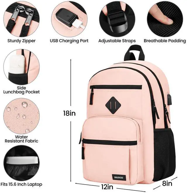 Alt view image 3 of 5 - BIKROD Backpack for Girls Women, School Backpack for Teen Boys, Lightweight Casual High School Bookbag, Daily-use Travel Laptop Backpack with USB Charging Port Fits 15.6 Inch Notebook