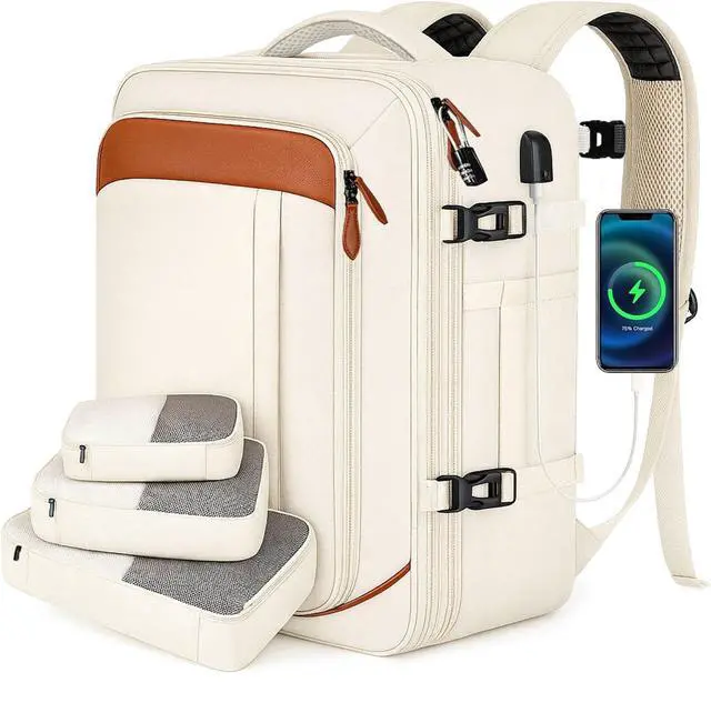 Main image of Vancropak Travel Backpack for Women, Airline Approved Carry On Backpack with 3 Packing Cubes, Expandable Large 40L Travel Bag fits 17" Laptop, Anti Theft Luggage Suitcase Weekend Daypack, White Brown