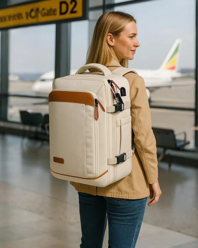 Alt view image 2 of 5 - Vancropak Travel Backpack for Women, Airline Approved Carry On Backpack with 3 Packing Cubes, Expandable Large 40L Travel Bag fits 17" Laptop, Anti Theft Luggage Suitcase Weekend Daypack, White Brown