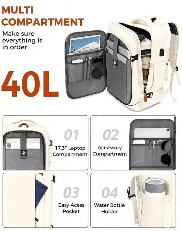 Alt view image 3 of 5 - Vancropak Travel Backpack for Women, Airline Approved Carry On Backpack with 3 Packing Cubes, Expandable Large 40L Travel Bag fits 17" Laptop, Anti Theft Luggage Suitcase Weekend Daypack, White Brown