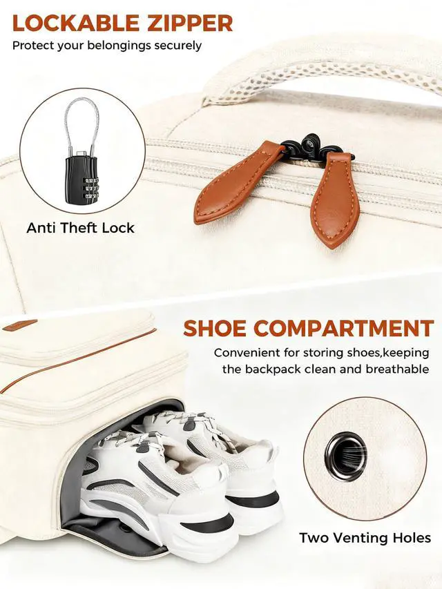 Alt view image 5 of 5 - Vancropak Travel Backpack for Women, Airline Approved Carry On Backpack with 3 Packing Cubes, Expandable Large 40L Travel Bag fits 17" Laptop, Anti Theft Luggage Suitcase Weekend Daypack, White Brown