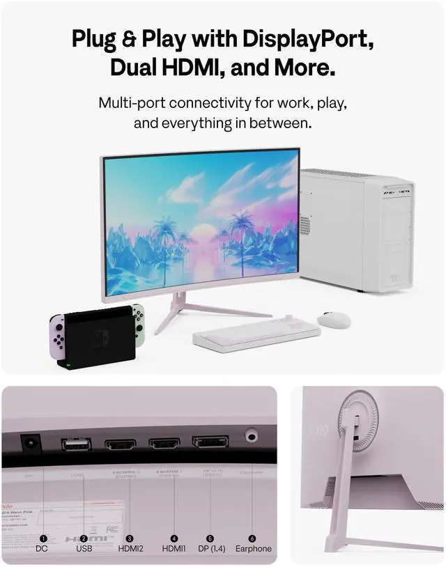 Alt view image 5 of 5 - Pixio PXC279 Wave Pink 27 inch 300Hz Refresh Rate FHD 1080p Resolution 1650R Curved Fast VA Panel 1ms GTG Response Time Adaptive Sync HDR Curved Gaming Monitor