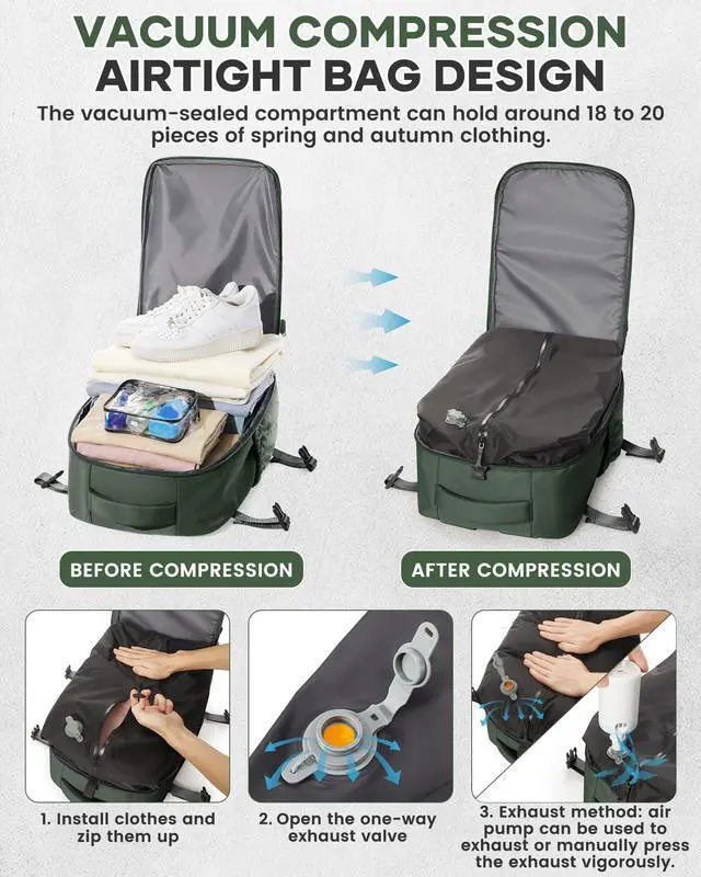 Alt view image 3 of 5 - Large Vacuum Travel Backpack with Pump for Women, Personal Item Carry on Backpacks Flight Approved 18x14x8 inches for Men,Laptop Waterproof Work Compression bags Casual Daypack,BrownGreen